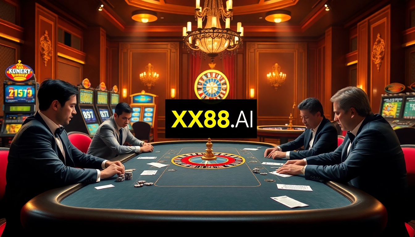 Players engaged at a poker table in a luxurious casino setting showcasing the brand XX88.AI.