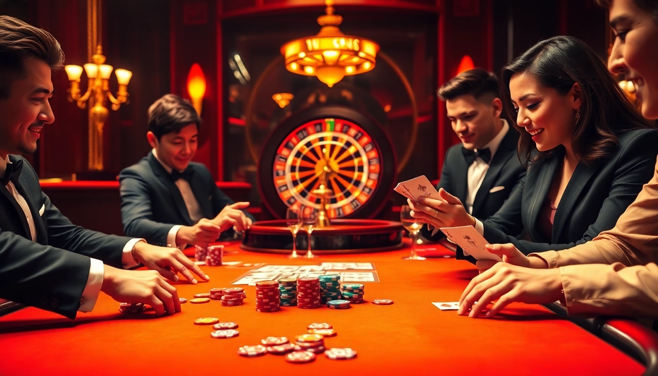 Experience the excitement of Nhà Cái BJ888 with professional gamblers at a luxurious casino table.