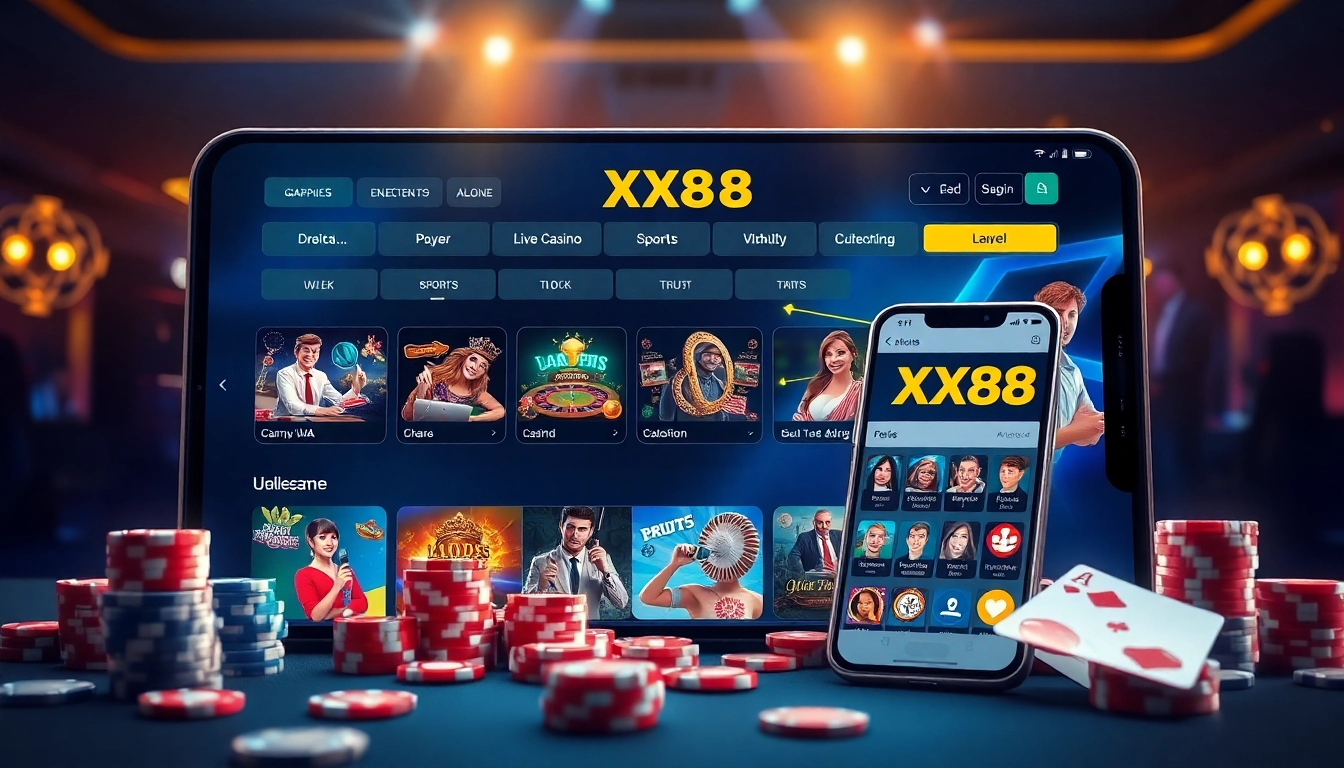 Engaging scene of Nhà cái xx88 online gambling platform with vibrant games and excited players.