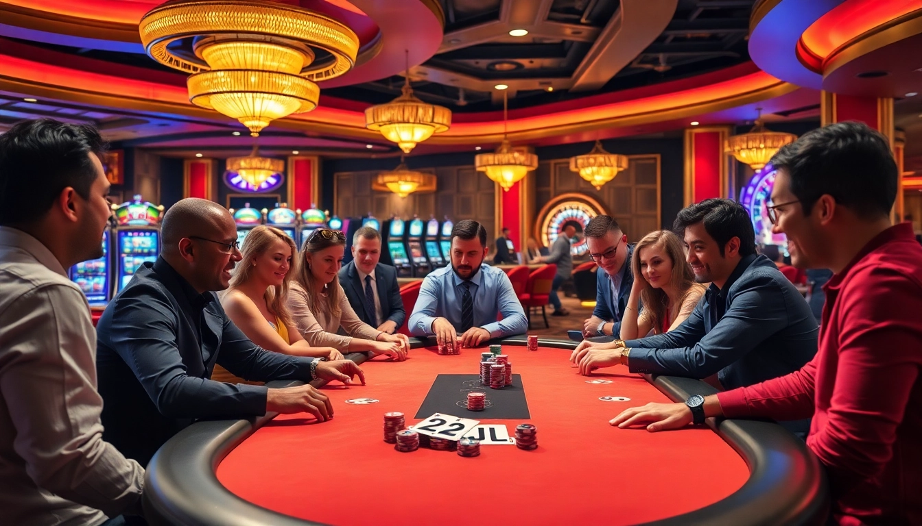 Players engage in a thrilling poker game showcasing 22JL branding in a luxurious casino environment.