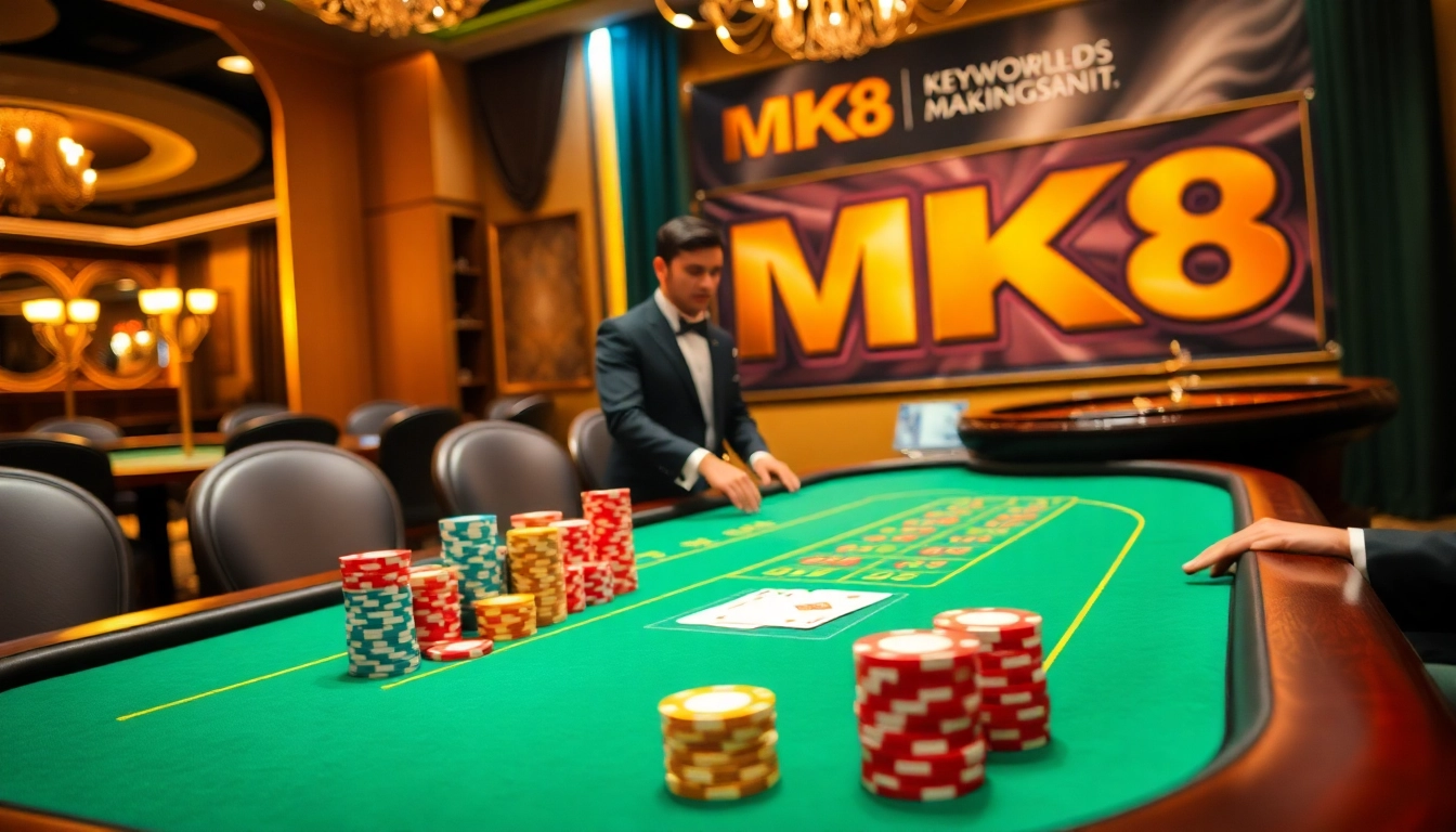 Players engaging in a thrilling poker game at a luxurious MK8 casino, showcasing vibrant chips and high-quality cards.