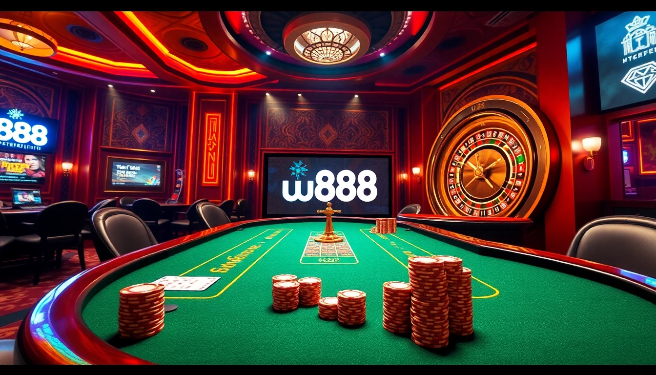 High-stakes poker scene highlighting u888 casino excitement with vibrant decor and engaged players.