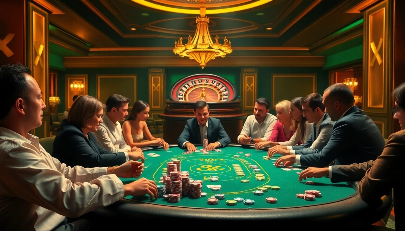 Exciting poker game at Man 88 casino, featuring vibrant chips and engaged players.