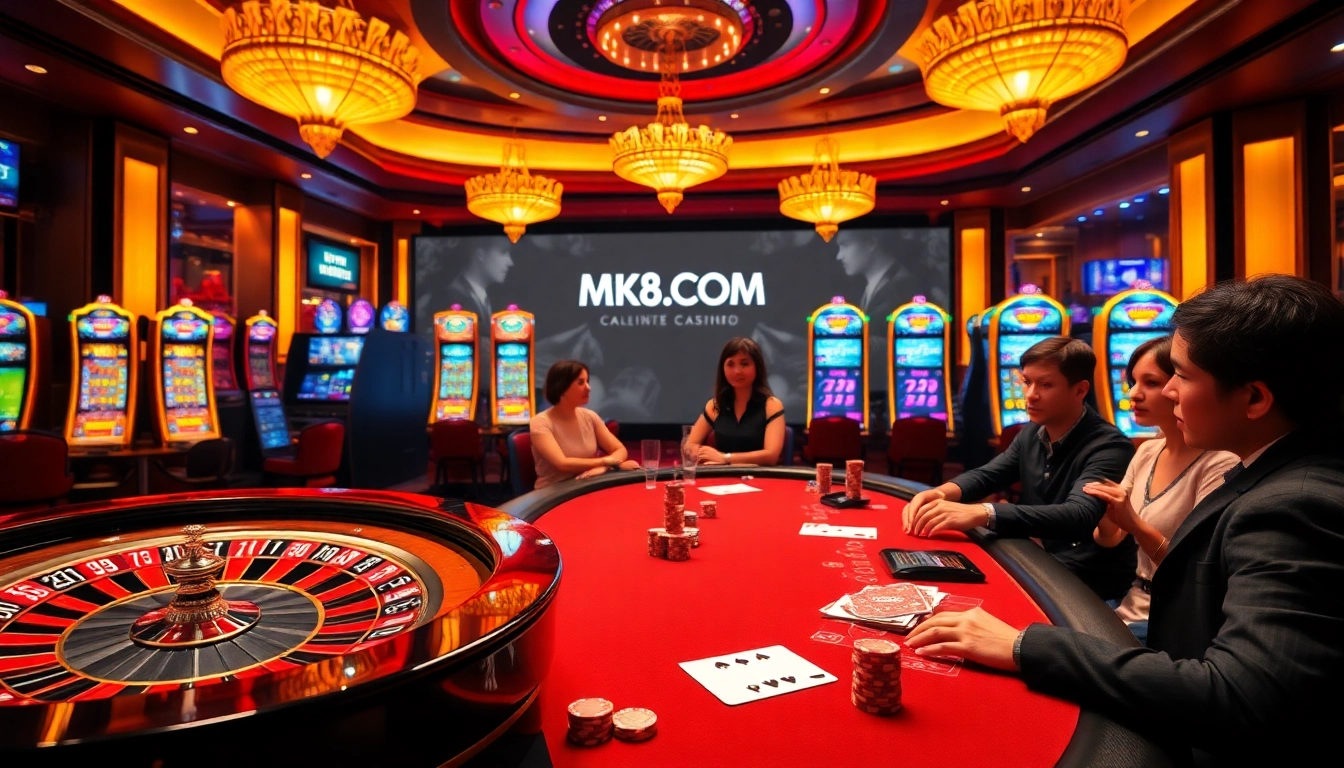 Players enjoying high-stakes gaming at MK8.COM, featuring vibrant roulette and poker tables.