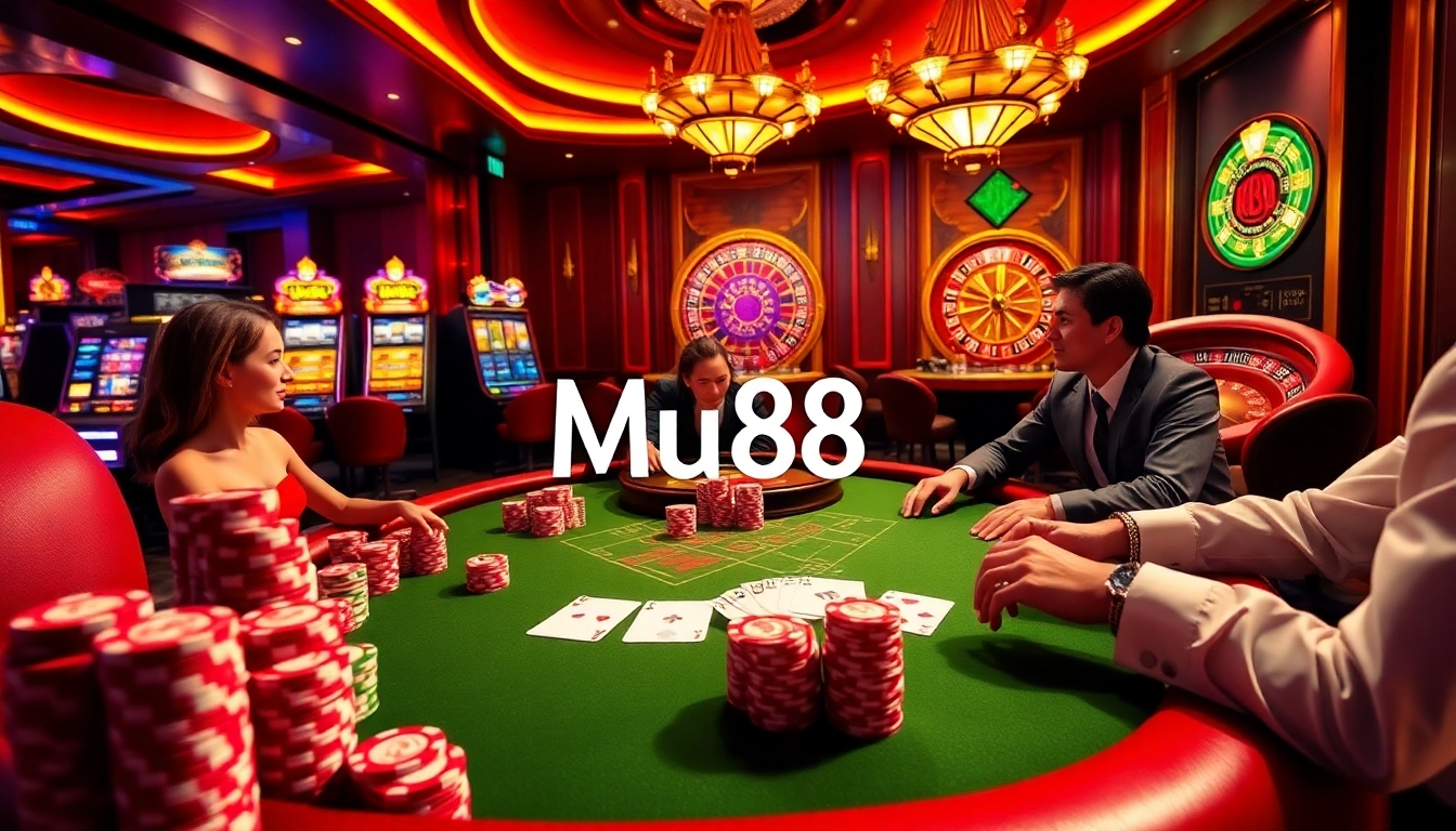 Mu88 players enjoying a thrilling poker game with vibrant chips and high stakes.