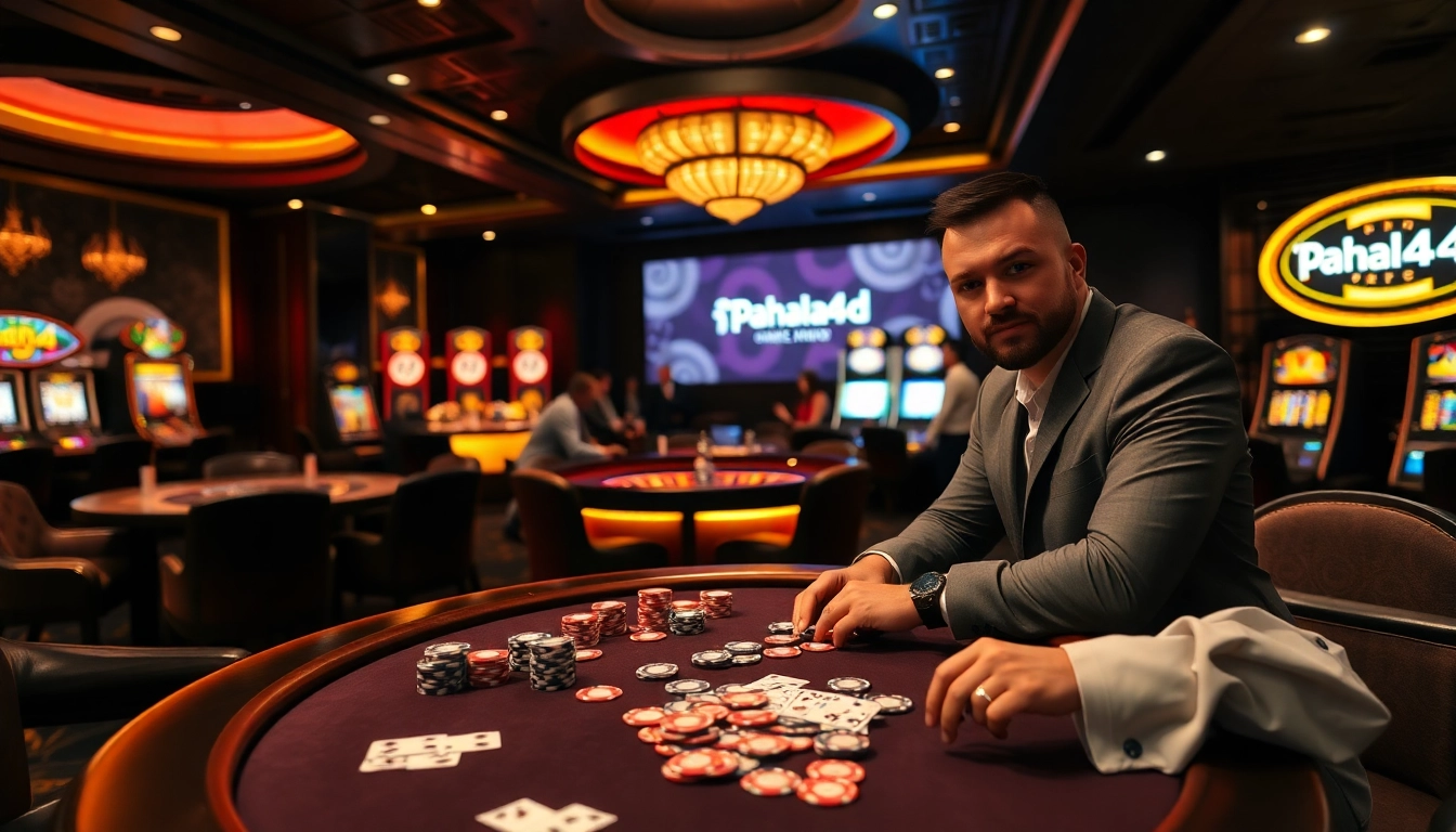 Pahala4D casino ambiance showcasing poker chips, cards, and an exciting roulette wheel in play.