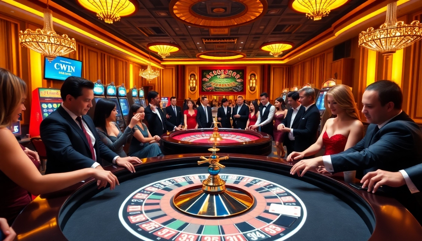 Crowd enjoying live roulette at a luxurious casino featuring https://cwin.ru.com/ exciting games and vibrant atmosphere.