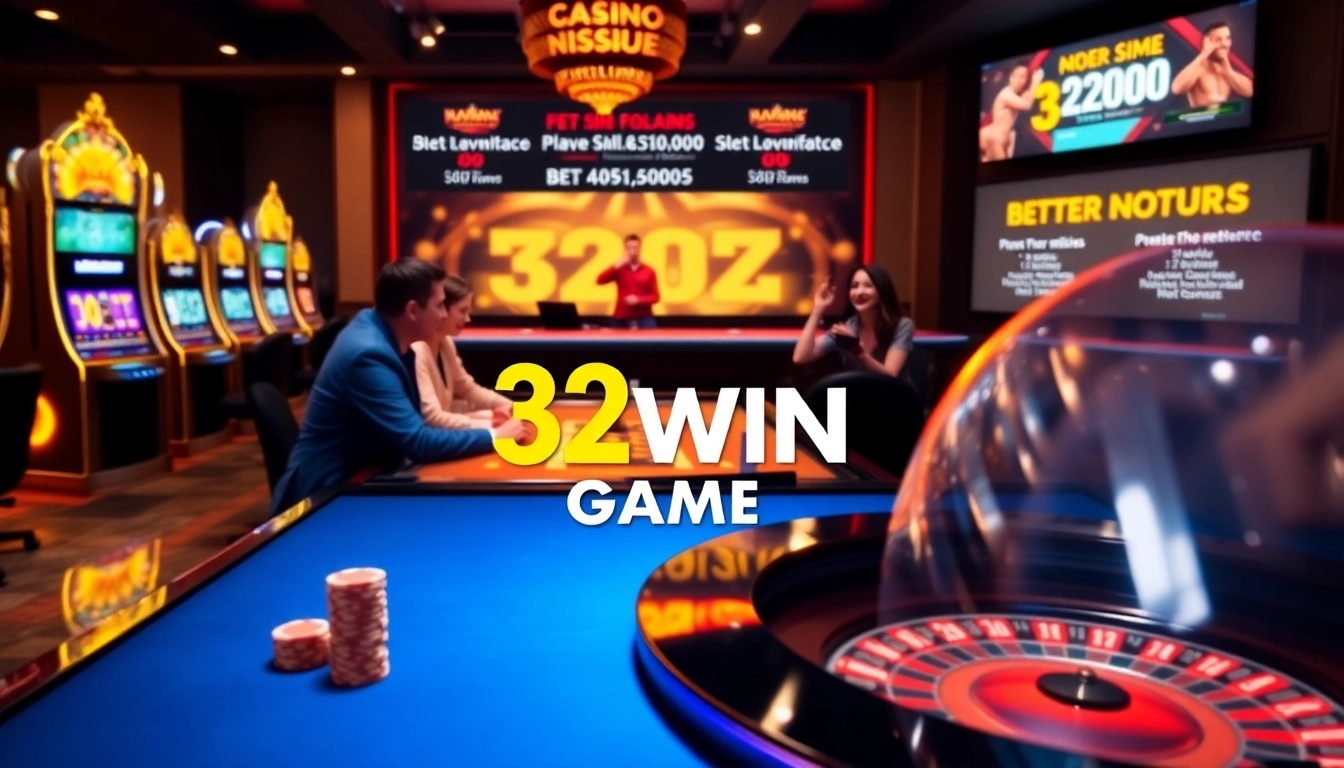 Experience the excitement of casinos with the 32WIN Game showcasing vibrant slot machines and poker action.