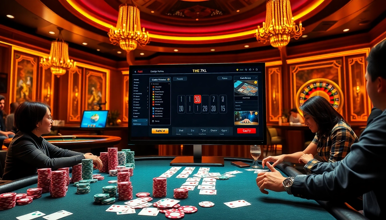 החוויה המרגשת של ההימורים המקוונים ב-7xl עם צ'יףי פוקר צבעוניים וקלפים על פלטפורמה דיגיטלית יוקרתית.