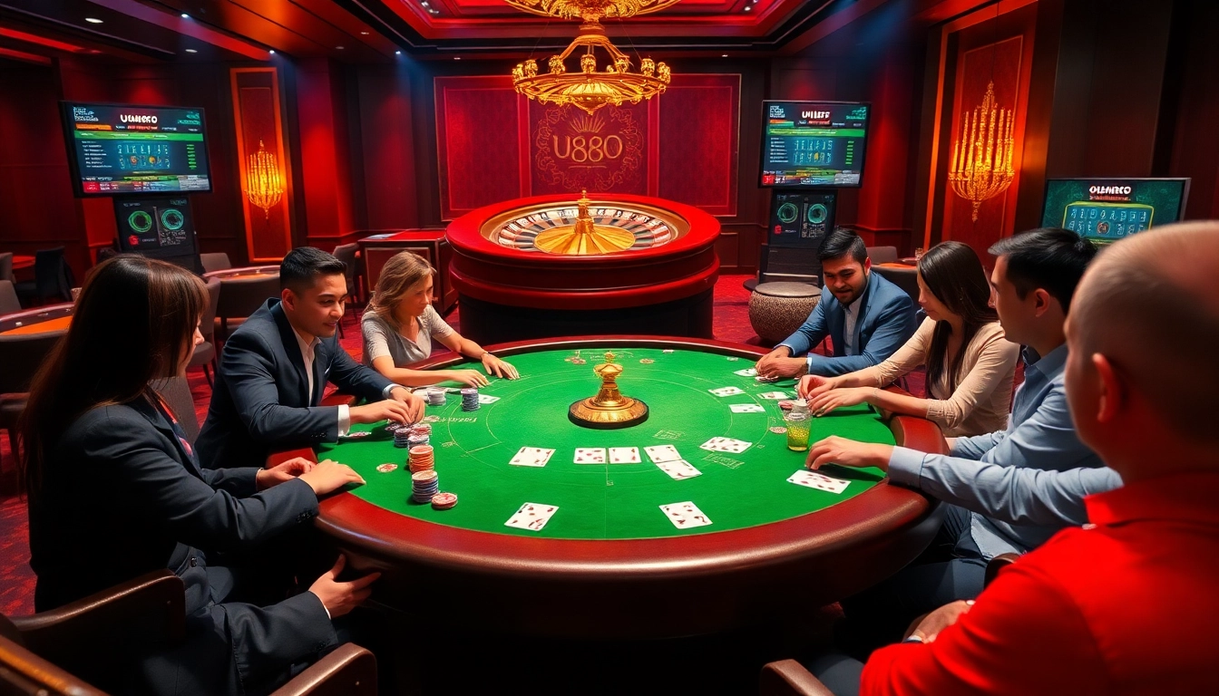 Players enjoying an intense poker game at the u888 casino table with vibrant chips and cards.