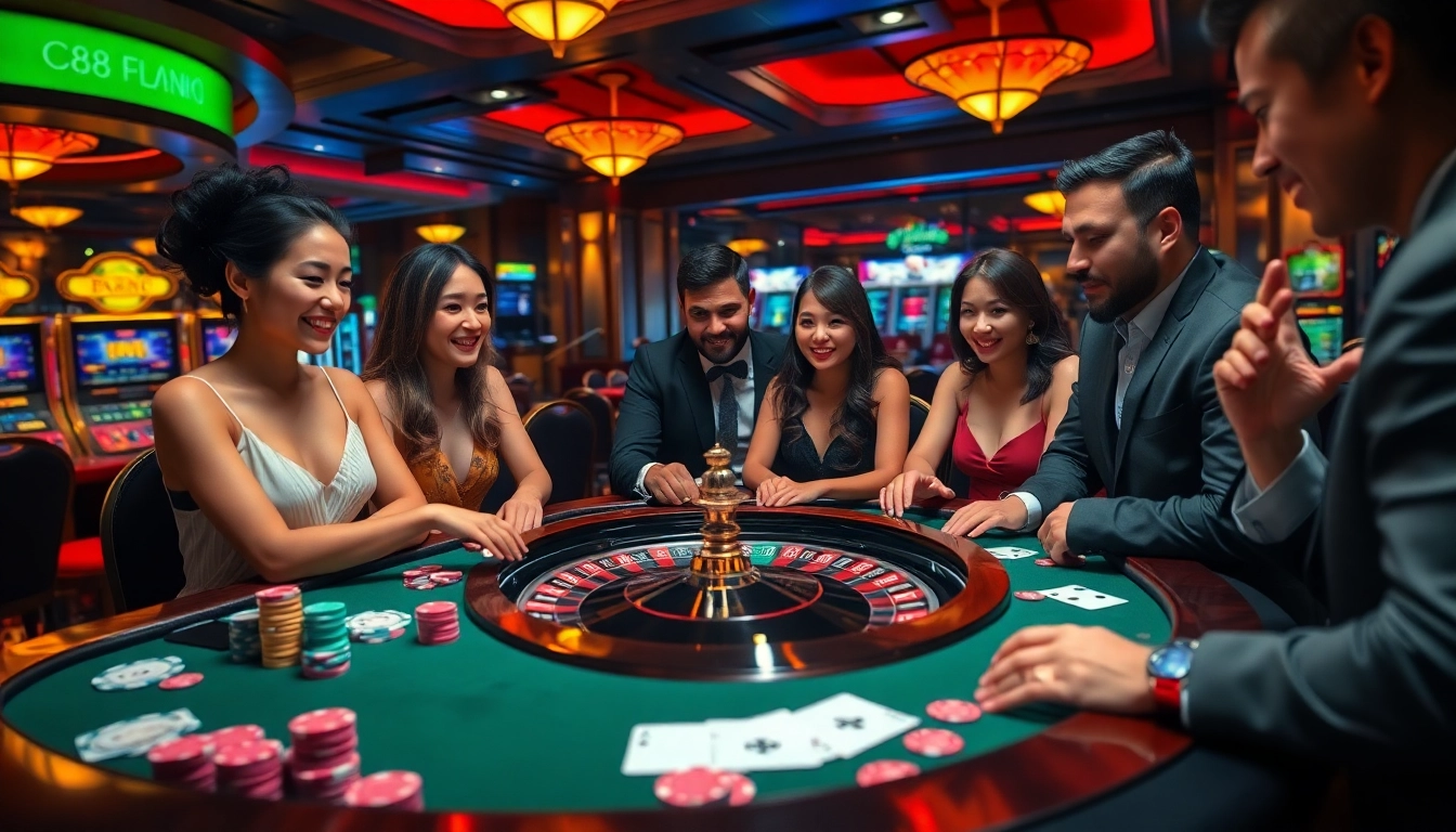 Players enjoying their time at https://x88ni.com/ casino table, surrounded by vibrant poker chips and cards.