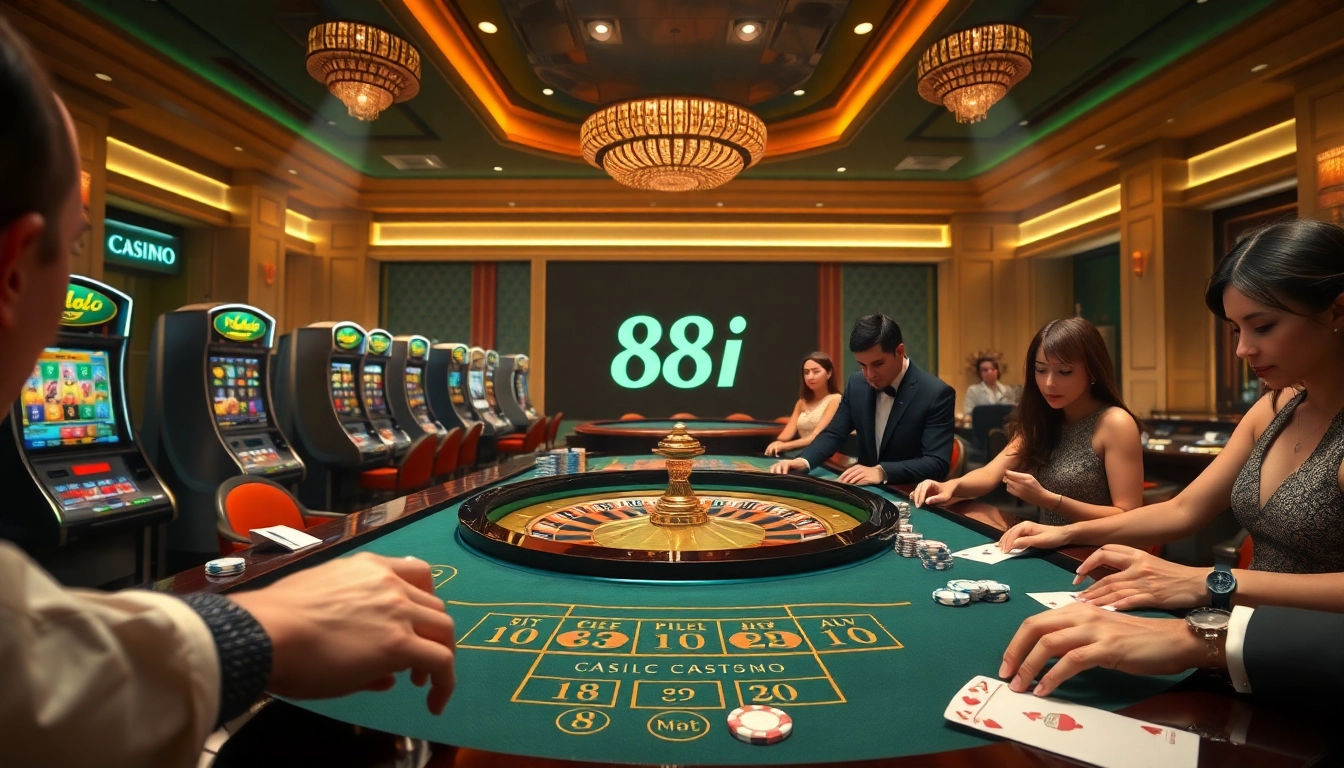 Gamblers enjoying an exciting roulette game at 88i casino, showcasing vibrant atmosphere and luxurious style.