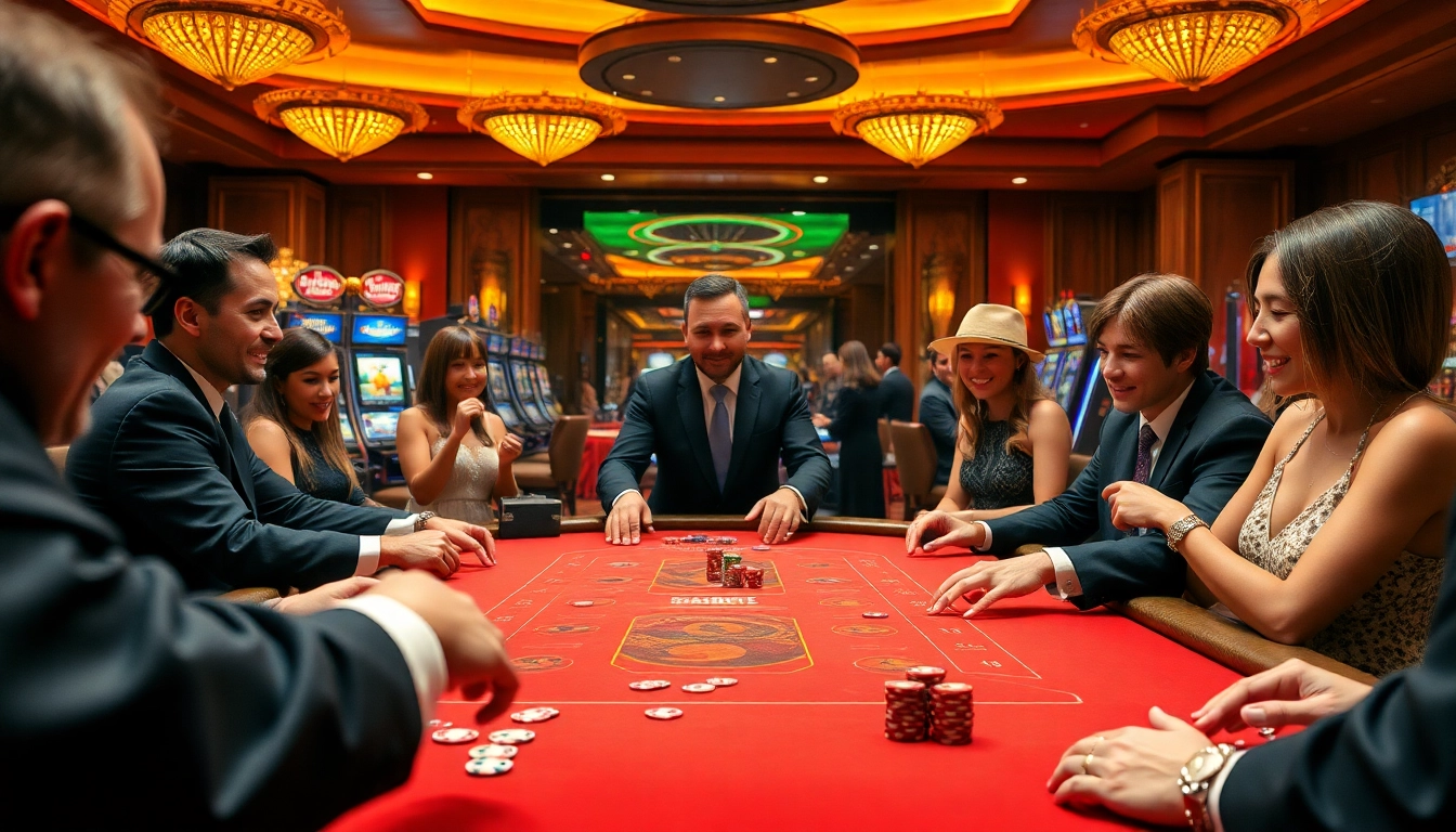 S8 nhà cái gaming table featuring vibrant poker chips and excited players in a luxurious casino.