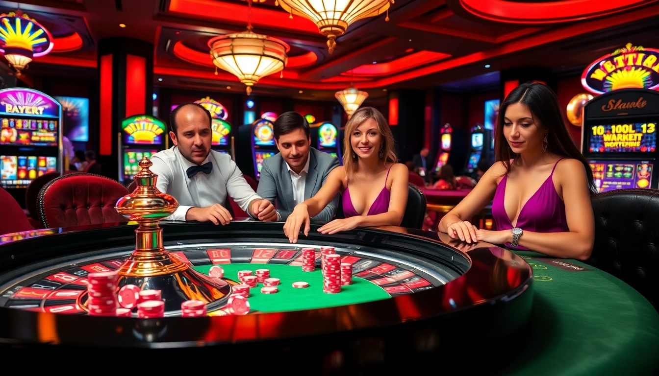 שחקנים נהנים ממשחק מותח על שולחנות היוקרתיים של Stake Casino, מוקפים בעיצוב נמרץ וצבעוני.