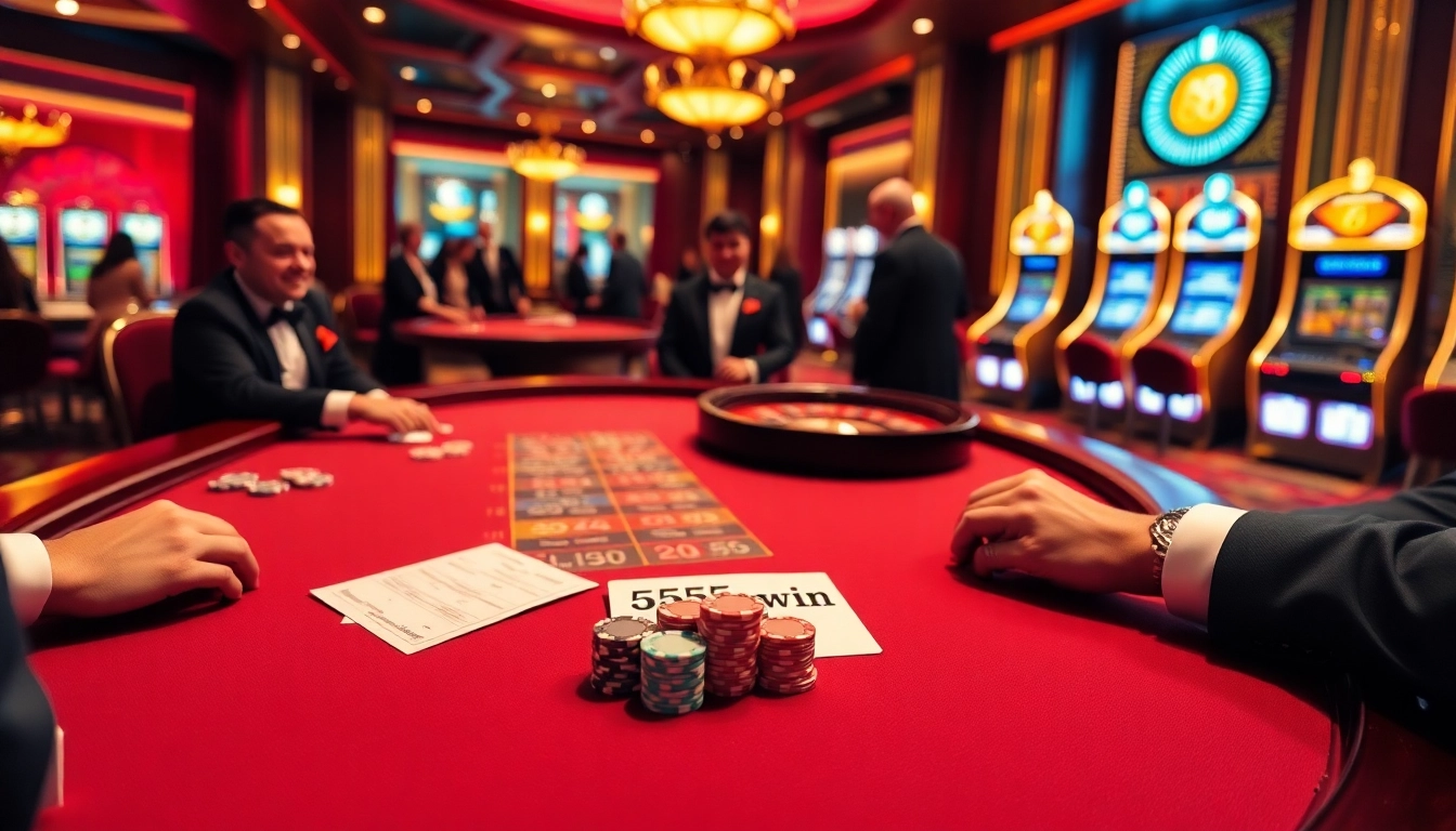 Engaging poker scene at 555win casino with colorful chips and cards in action.