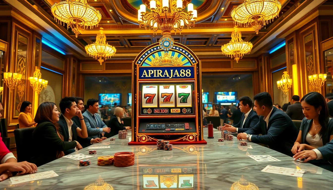 Players enjoying the vibrant slot apiraja88 machine in an elegant casino atmosphere.