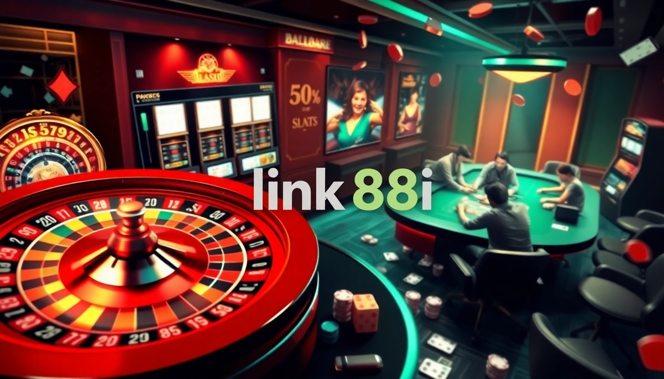 Experience the excitement of online gambling with link 88i at a vibrant casino interface featuring dynamic roulette and slot machines.
