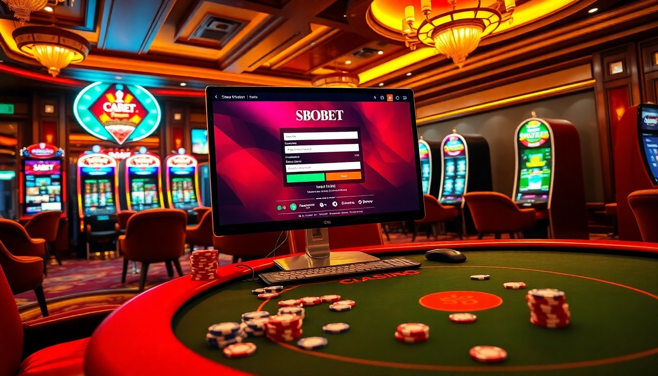 sbobet login interface displayed amidst luxurious casino elements, emphasizing sports betting excitement.