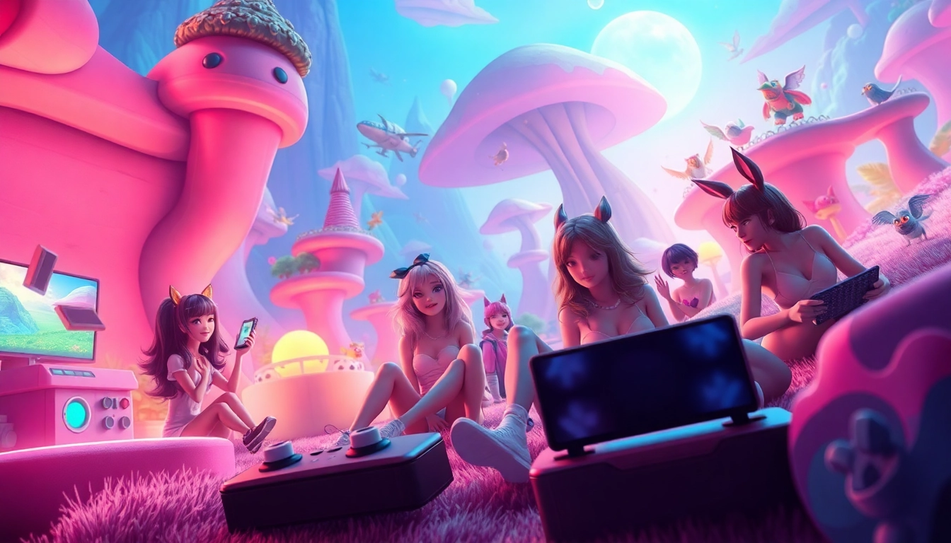 Porn games characters engaging in fun activities in a colorful fantasy setting, showcasing the playful side of adult gaming.