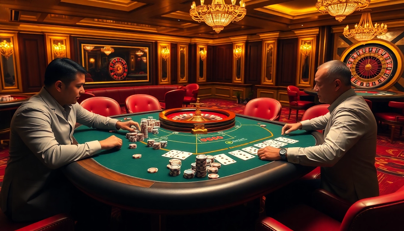 Intense poker gameplay at a luxury casino showcasing nh88 theme with chips and cards.