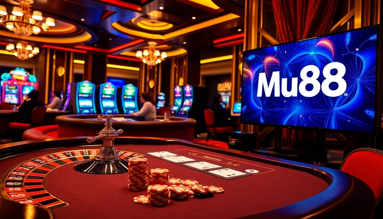 Engaging casino game scene featuring Mu88 branded poker chips and elegantly designed gambling tables.