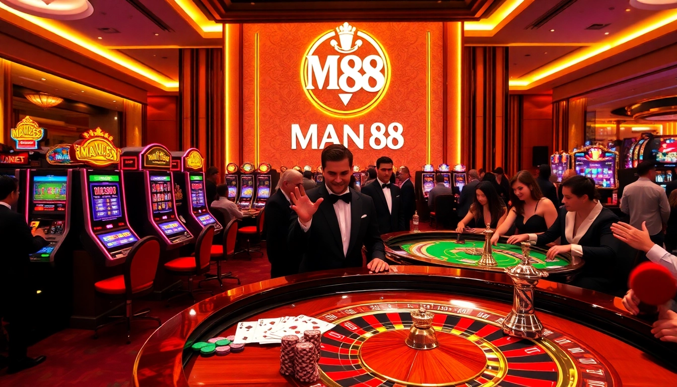Experience the thrill of Man 88 with elegant casino tables and vibrant slot machines.