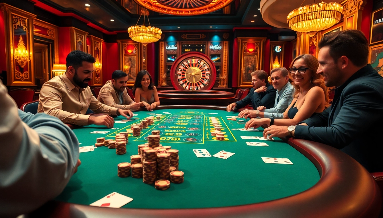 The thrilling atmosphere of an 88i blackjack game in a luxurious casino, featuring elegant tables and engaged players.