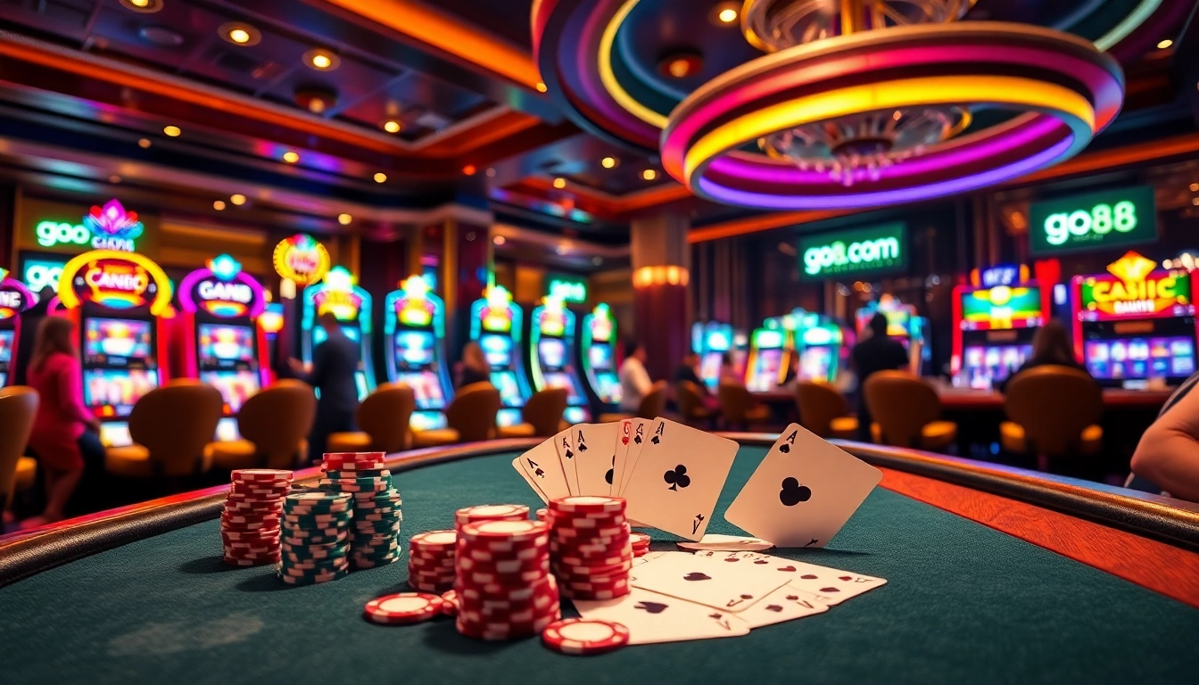 Gamblers enjoying the vibrant atmosphere at a luxurious casino, highlighting the excitement of go88 com.